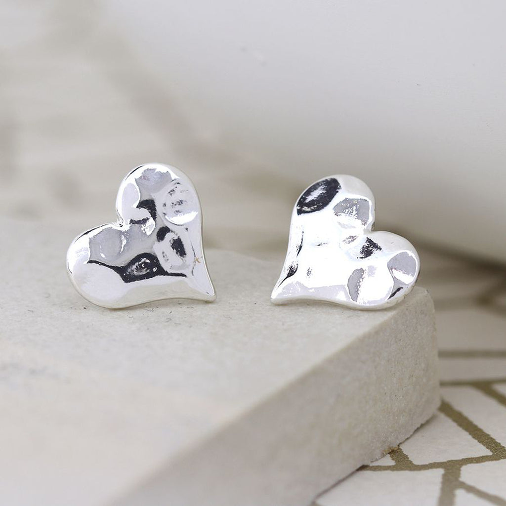 Women’s Silver Hammered Heart Stud Earrings By POM Gift