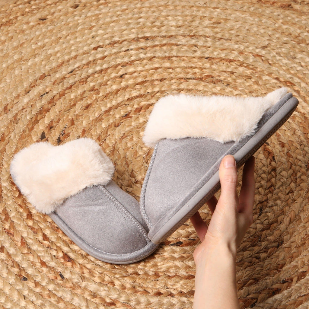 3’s & 4’s Grey Fluffy Faux Suede Mule Slippers Be You Lifestyle Boutique 3
