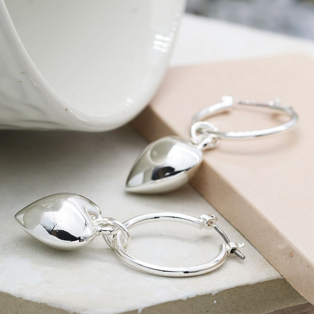 Silver Plated Puff Heart Hoops By POM￼