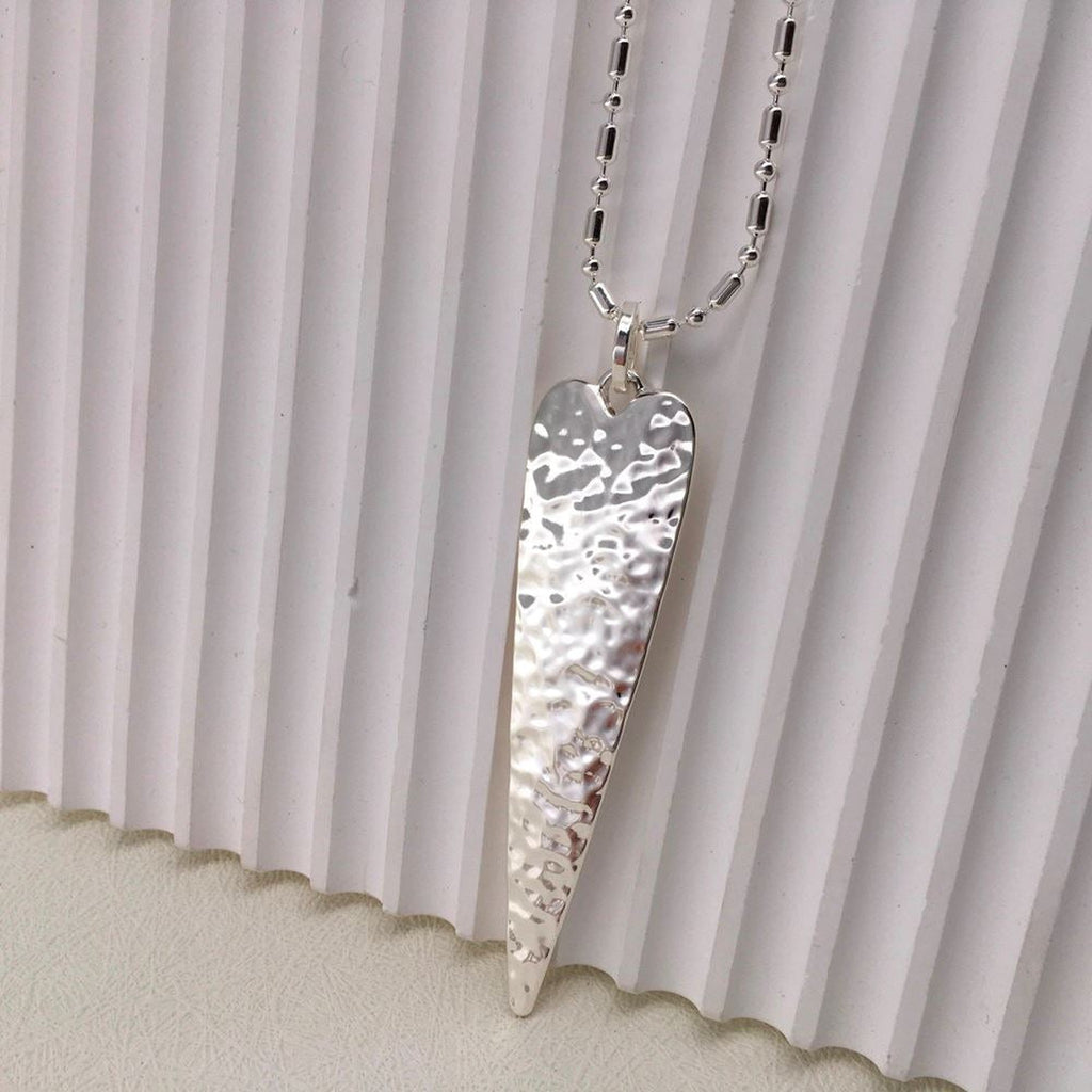 Women’s Elongated Hammered Heart Long Necklace Silver Gift