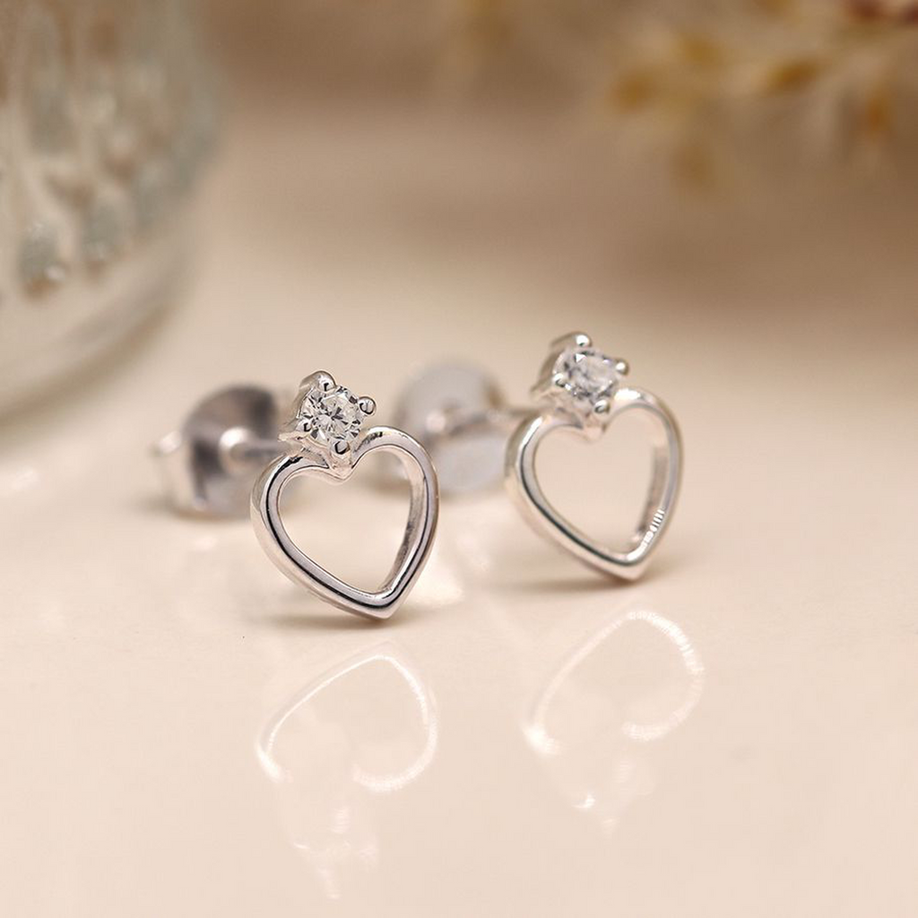Sterling Silver Heart & Crystal Stud Earrings By Pom