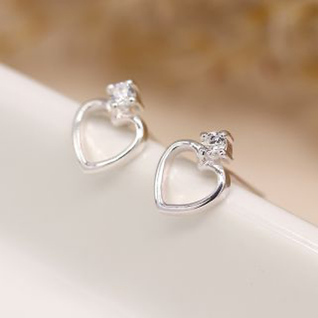 Sterling Silver Heart & Crystal Stud Earrings By Pom