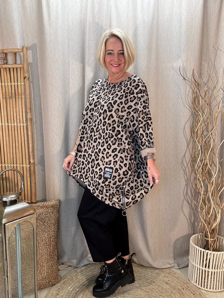 All Leopard Star Zippy Oversized Top Be You Lifestyle Boutique One Size / Tan