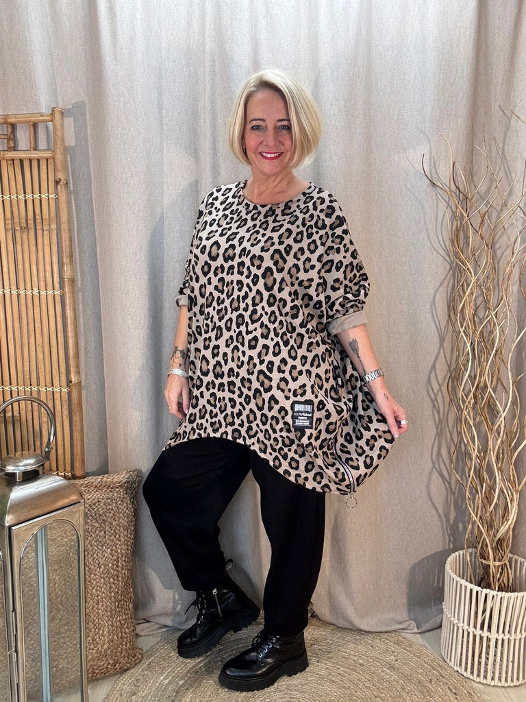 All Leopard Star Zippy Oversized Top Be You Lifestyle Boutique One Size / Tan