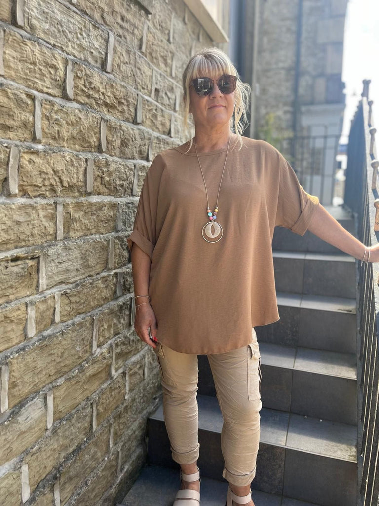 Basic Batwing Short Sleeve Blouse With Necklace Be You Lifestyle Boutique One Size / Camel