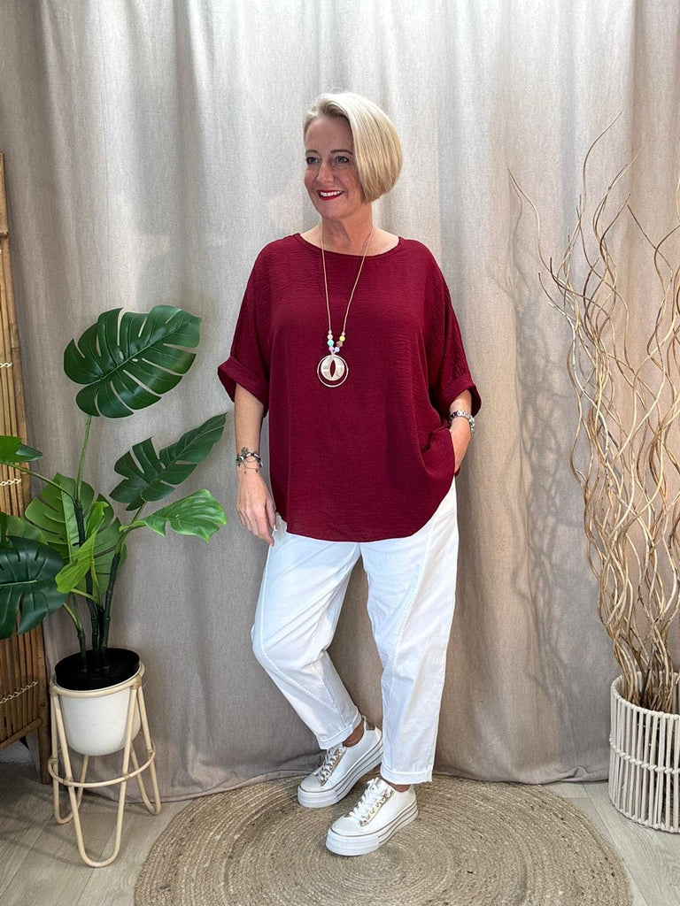 Basic Batwing Short Sleeve Blouse With Necklace Be You Lifestyle Boutique One Size / Burgundy