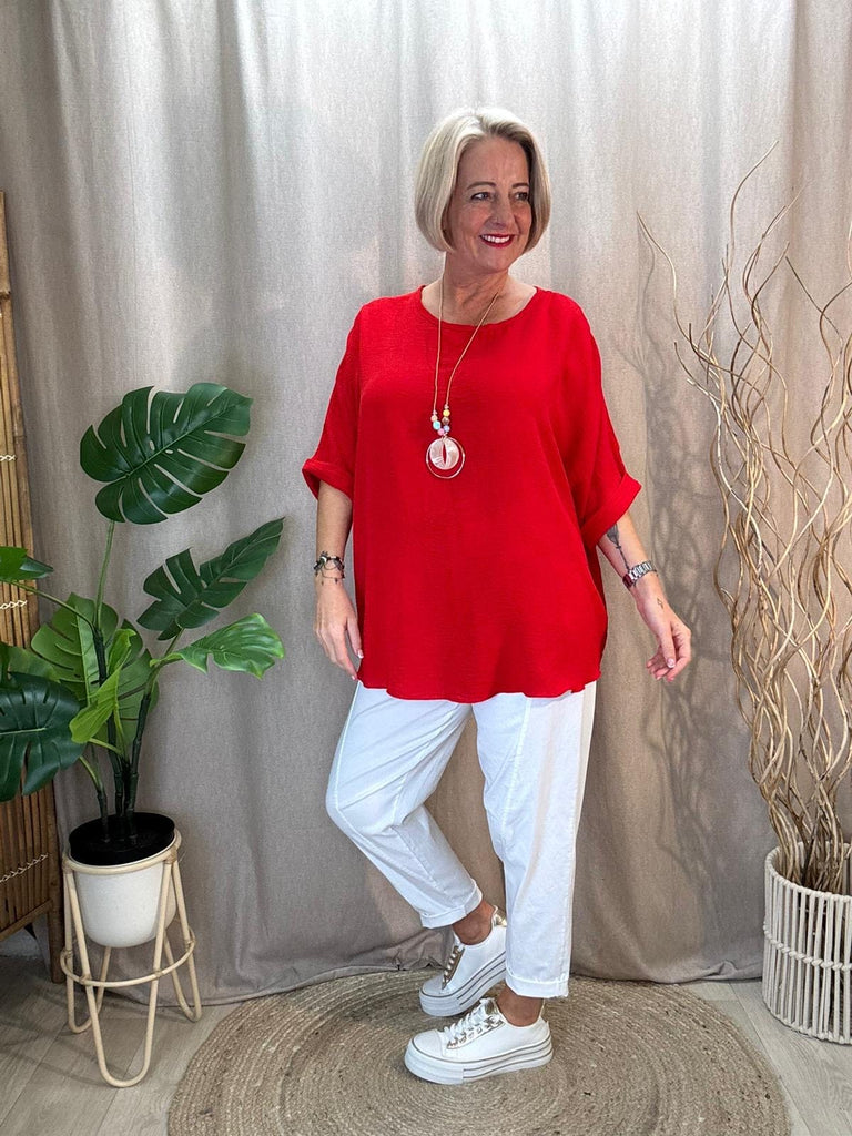 Basic Batwing Short Sleeve Blouse With Necklace Be You Lifestyle Boutique One Size / Red