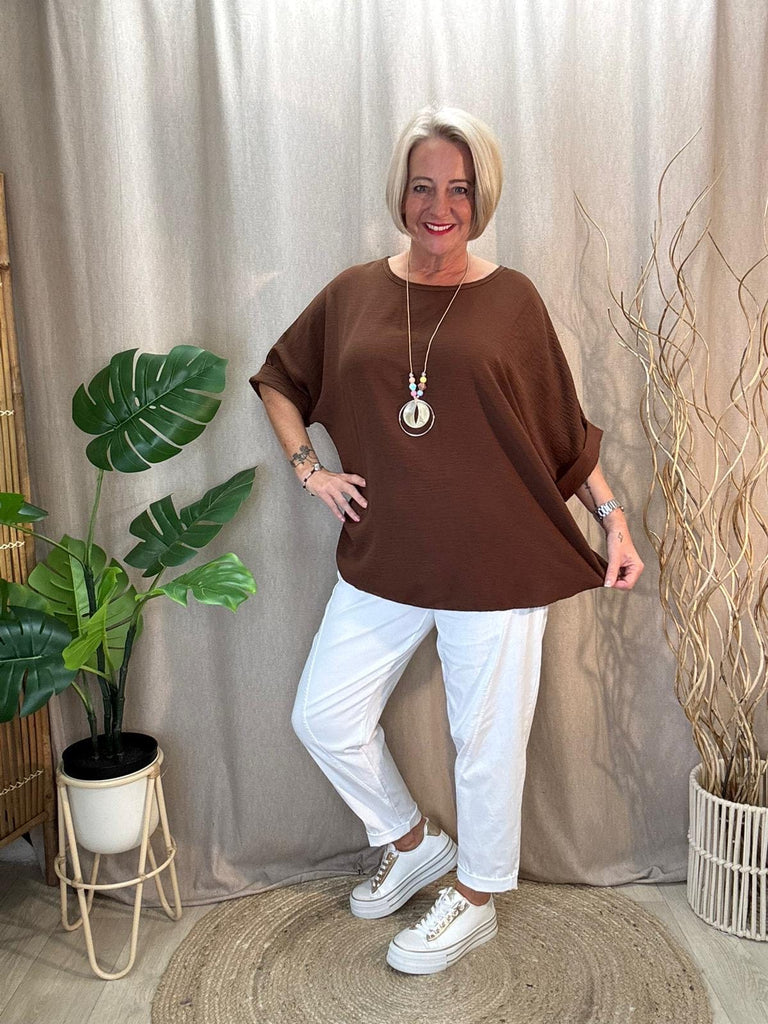 Basic Batwing Short Sleeve Blouse With Necklace Be You Lifestyle Boutique One Size / Chocolate