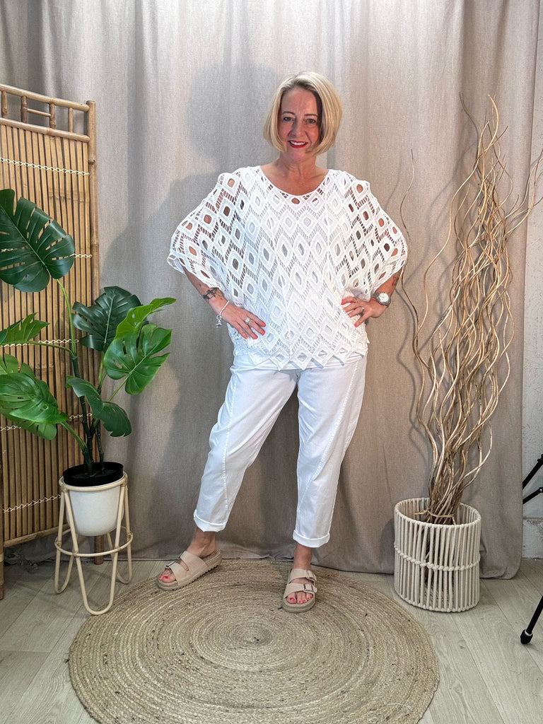 Batwing Cotton Crochet Scalloped Edge Top Be You Lifestyle Boutique One Size / White