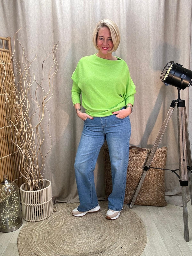 Batwing Slash Neck Fine Knit Jumper Be You Lifestyle Boutique One Size / Lime