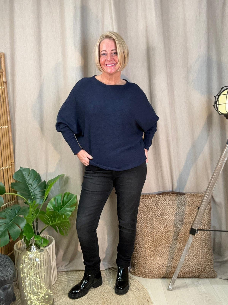 Batwing Slash Neck Fine Knit Jumper Be You Lifestyle Boutique One Size / Navy
