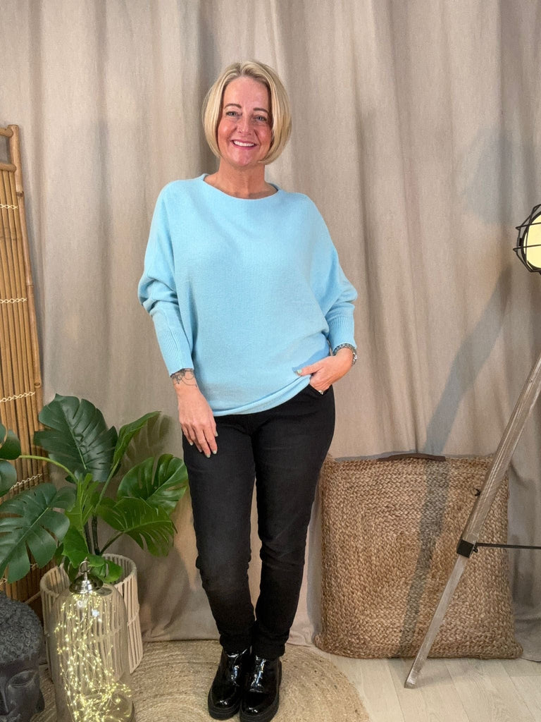 Batwing Slash Neck Fine Knit Jumper Be You Lifestyle Boutique One Size / Light Blue