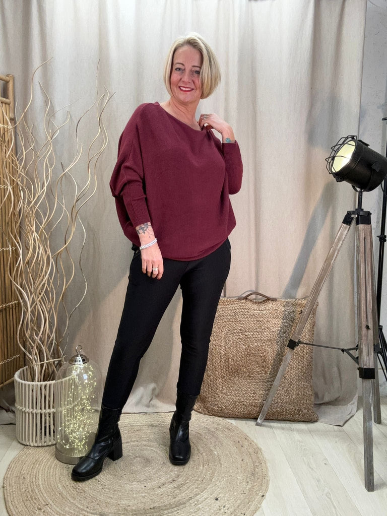 Batwing Slash Neck Fine Knit Jumper - Customer Favourite Be You Lifestyle Boutique One Size / Burgundy