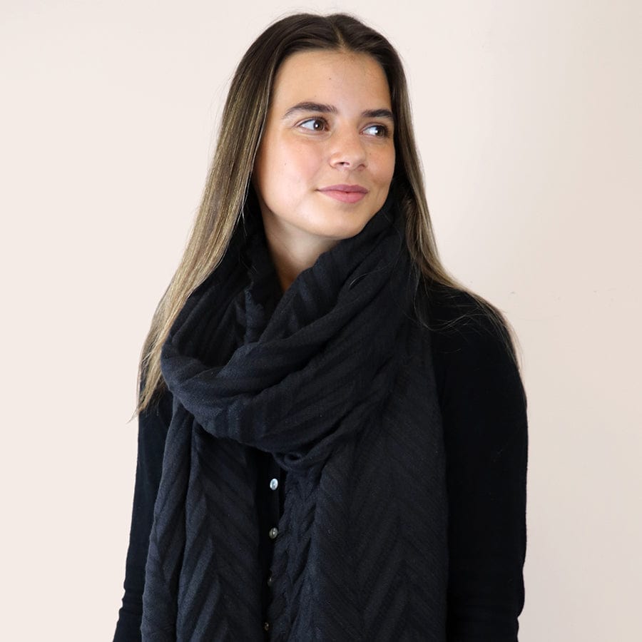 Black Herringbone Tassel Scarf By POM 52683 Be You Lifestyle Boutique
