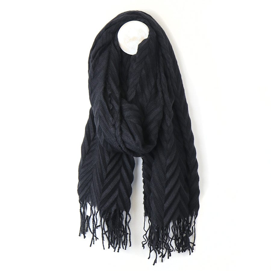 Black Herringbone Tassel Scarf By POM 52683 Be You Lifestyle Boutique
