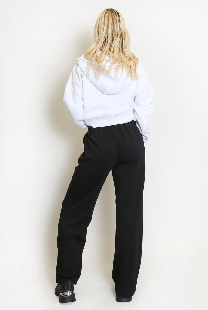 rear view black luxe wide leg seam front joggers