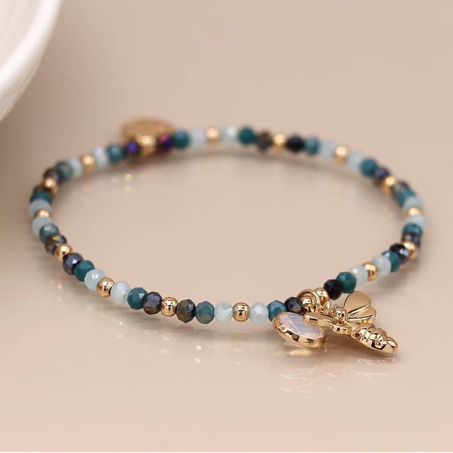 Blue Bead Bracelet With Gold Bee & Bracelet by POM Gift 03621 POM