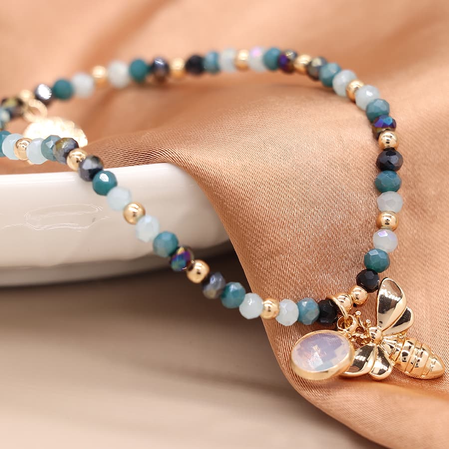 Blue Bead Bracelet With Gold Bee & Bracelet by POM Gift 03621 POM