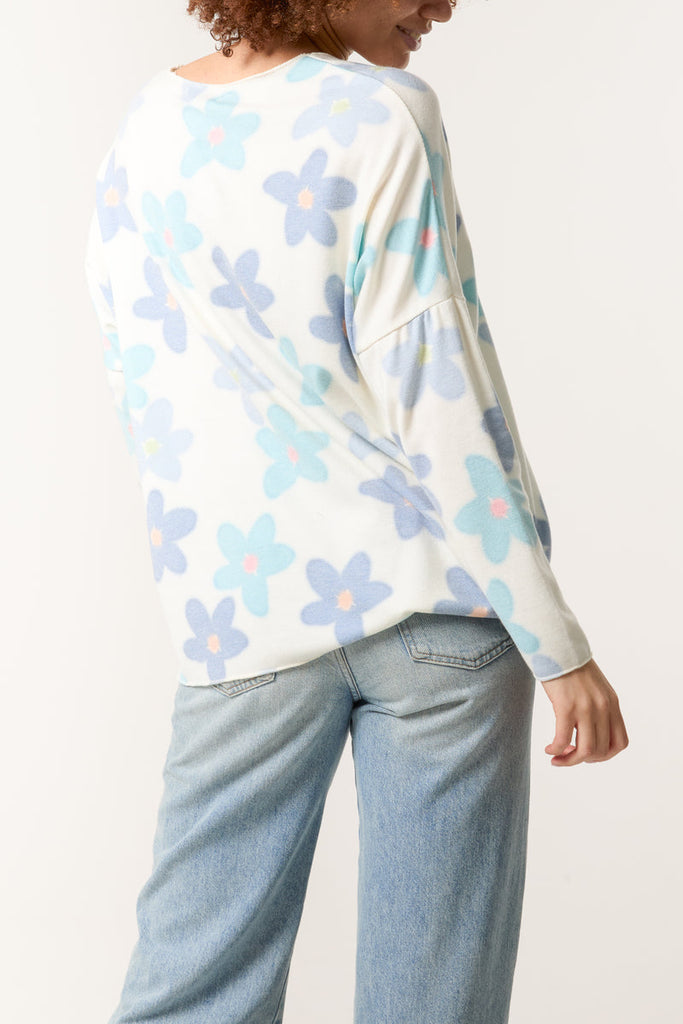 blue v neck daisy print jumper