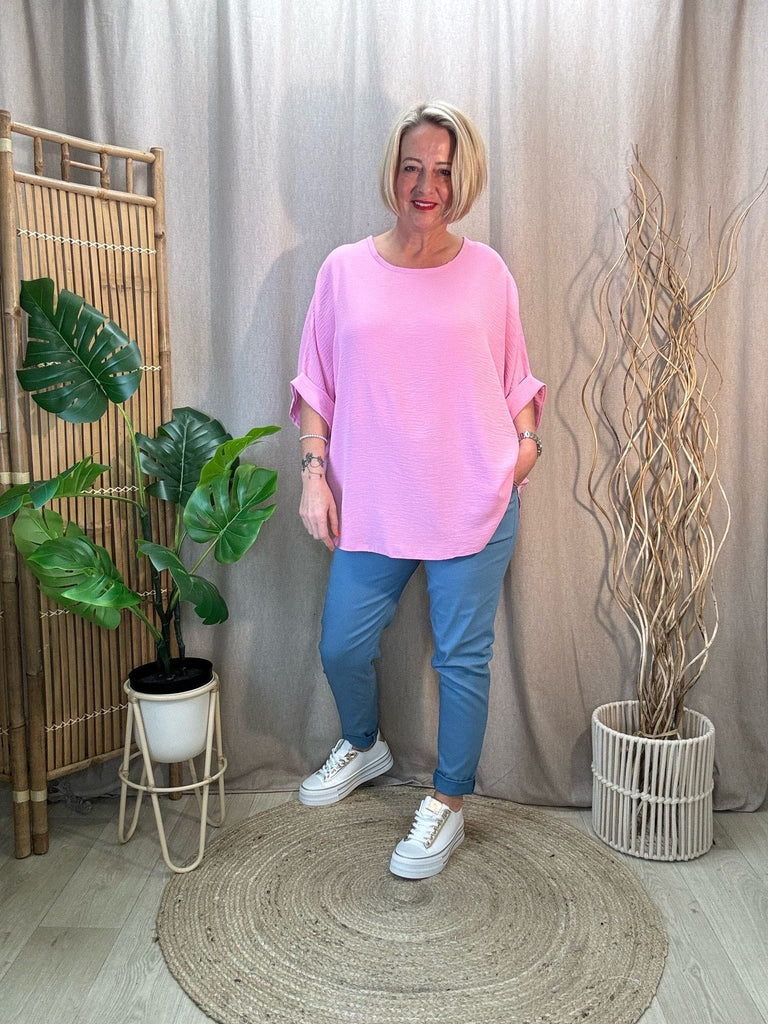 Bubblegum Pink Basic Batwing Short Sleeve Blouse With Necklace Be You Lifestyle Boutique One Size