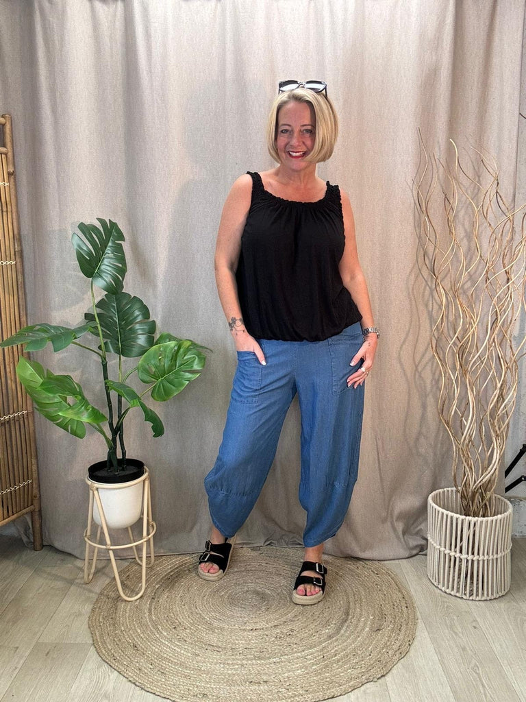Chambray Denim Tulip Hem Barrel Leg Trousers Be You Lifestyle Boutique One Size / Dark Denim