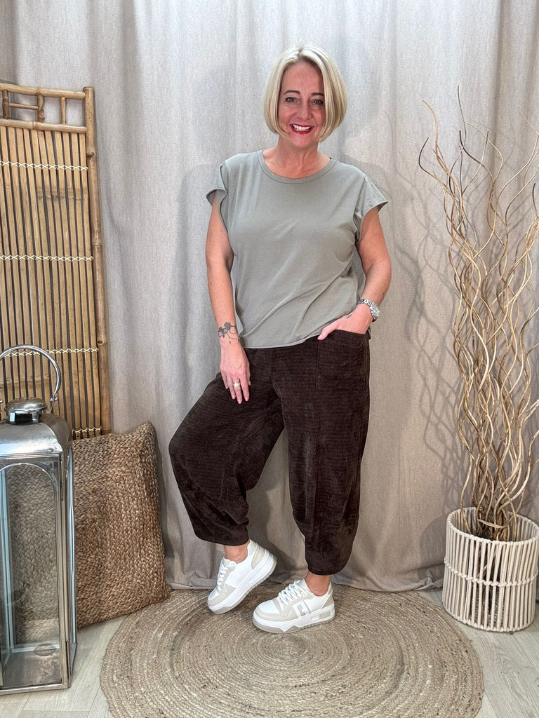Chenille Tulip Hem Barrel Leg Trousers Be You Lifestyle Boutique One Size / Chocolate