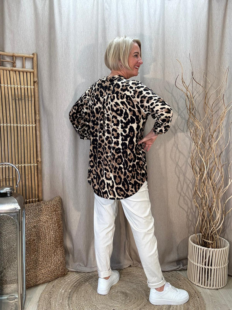 Classic Tan Leopard Print Button Sleeve Top Be You Lifestyle Boutique One Size
