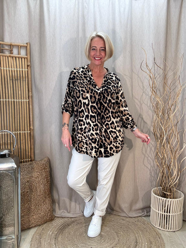Classic Tan Leopard Print Button Sleeve Top Be You Lifestyle Boutique One Size