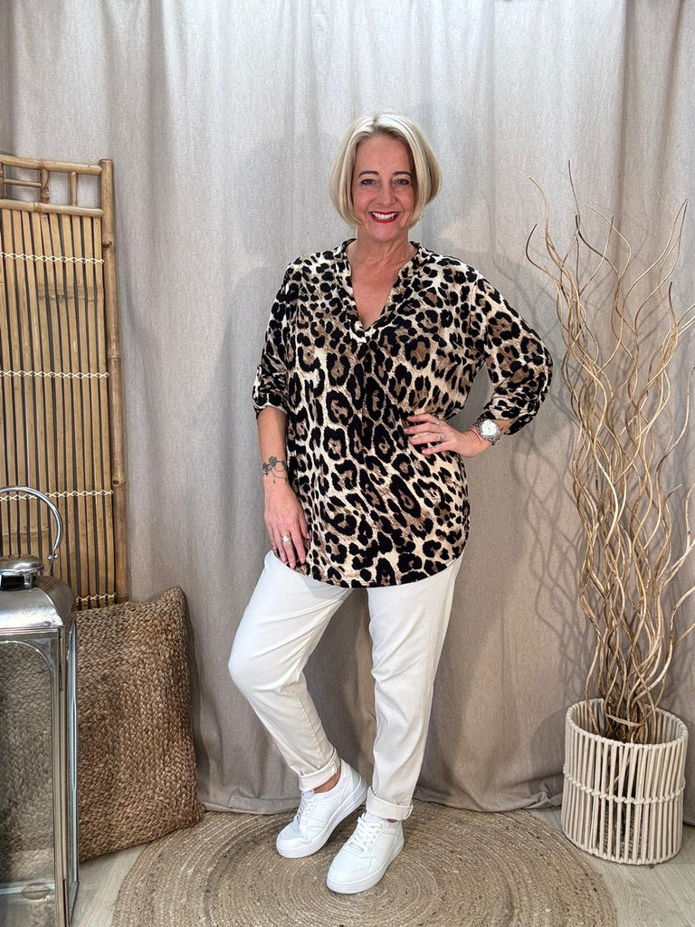 Classic Tan Leopard Print Button Sleeve Top Be You Lifestyle Boutique One Size