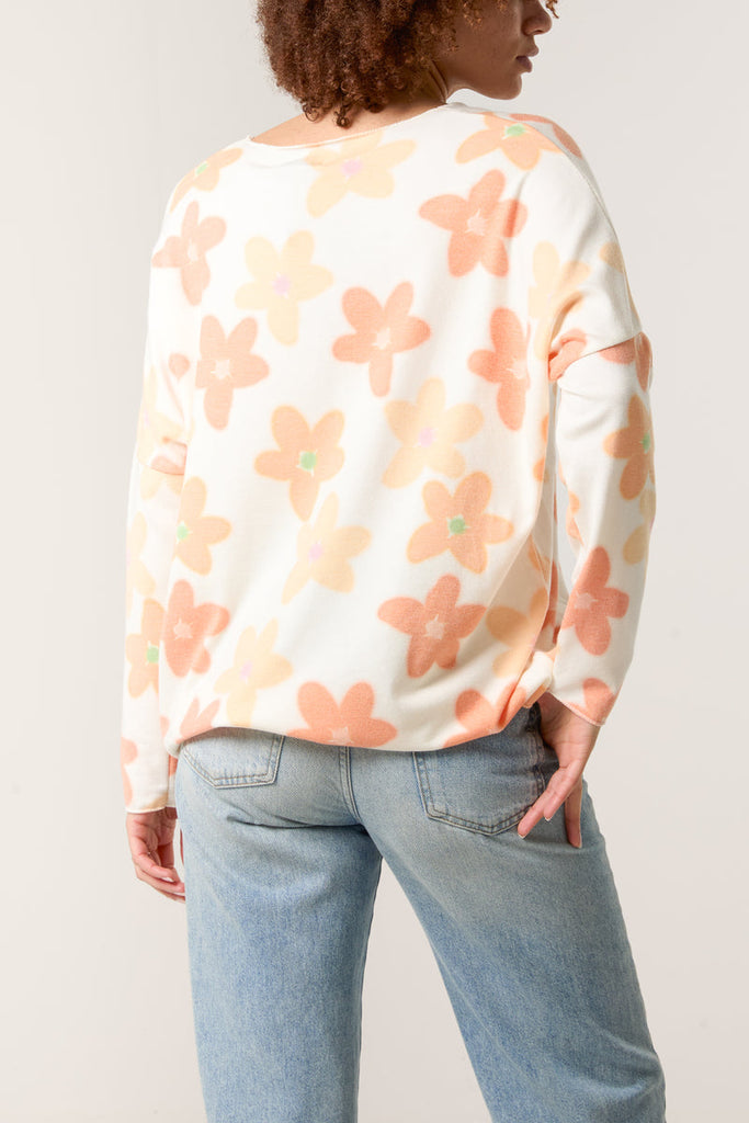 daisy print v neck jumper orange