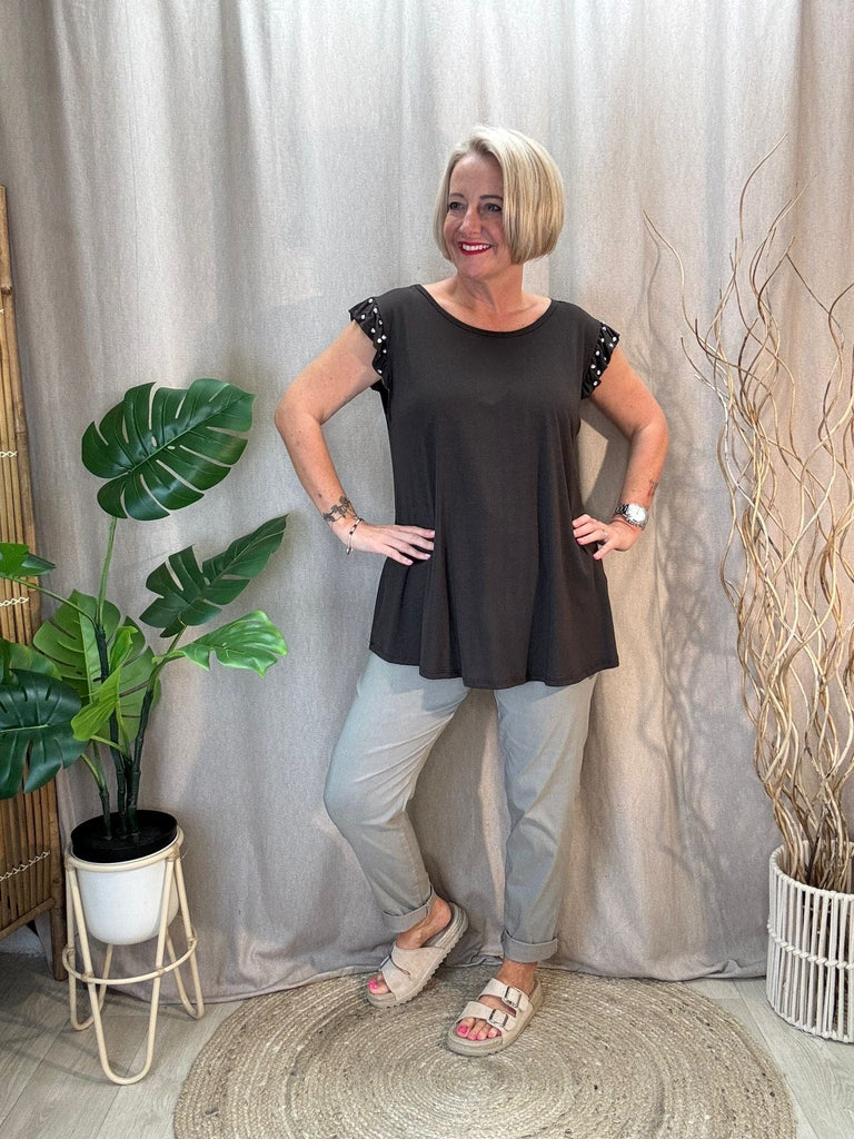 Diamante Stud Frill Short Sleeve Tee Be You Lifestyle Boutique One Size / Chocolate