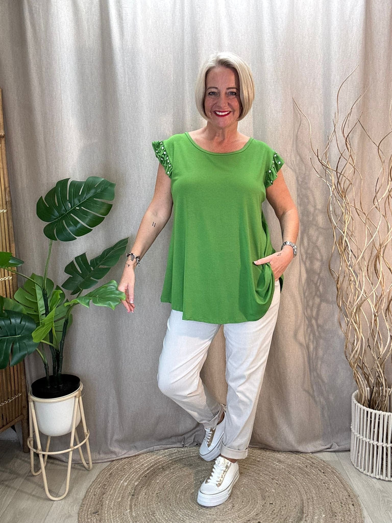Diamante Stud Frill Short Sleeve Tee Be You Lifestyle Boutique One Size / Green