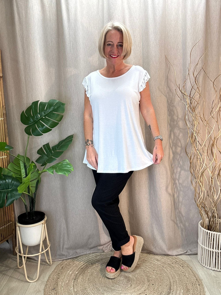 Diamante Stud Frill Short Sleeve Tee Be You Lifestyle Boutique One Size / White