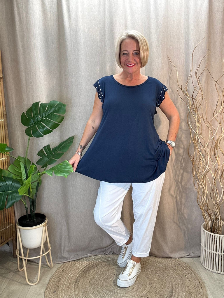 Diamante Stud Frill Short Sleeve Tee Be You Lifestyle Boutique One Size / Navy