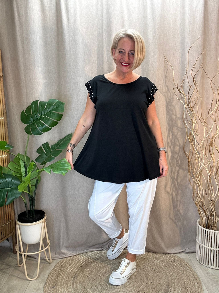 Diamante Stud Frill Short Sleeve Tee Be You Lifestyle Boutique One Size / Black