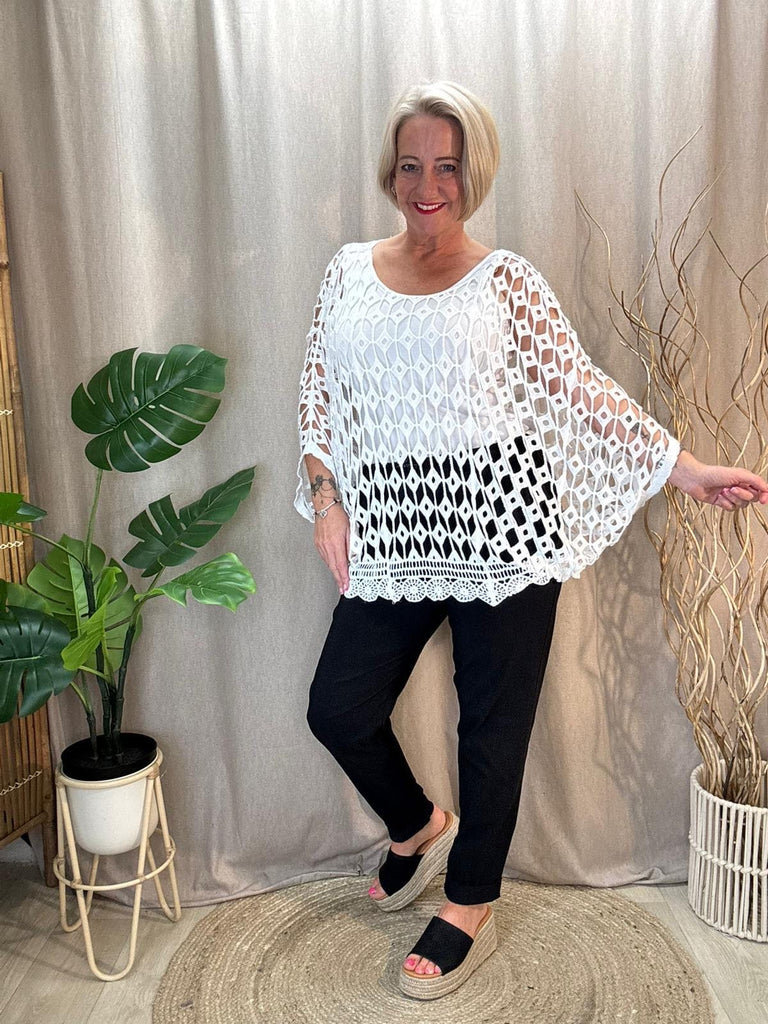 Diamond Pattern Batwing Crochet Top Be You Lifestyle Boutique One Size / White