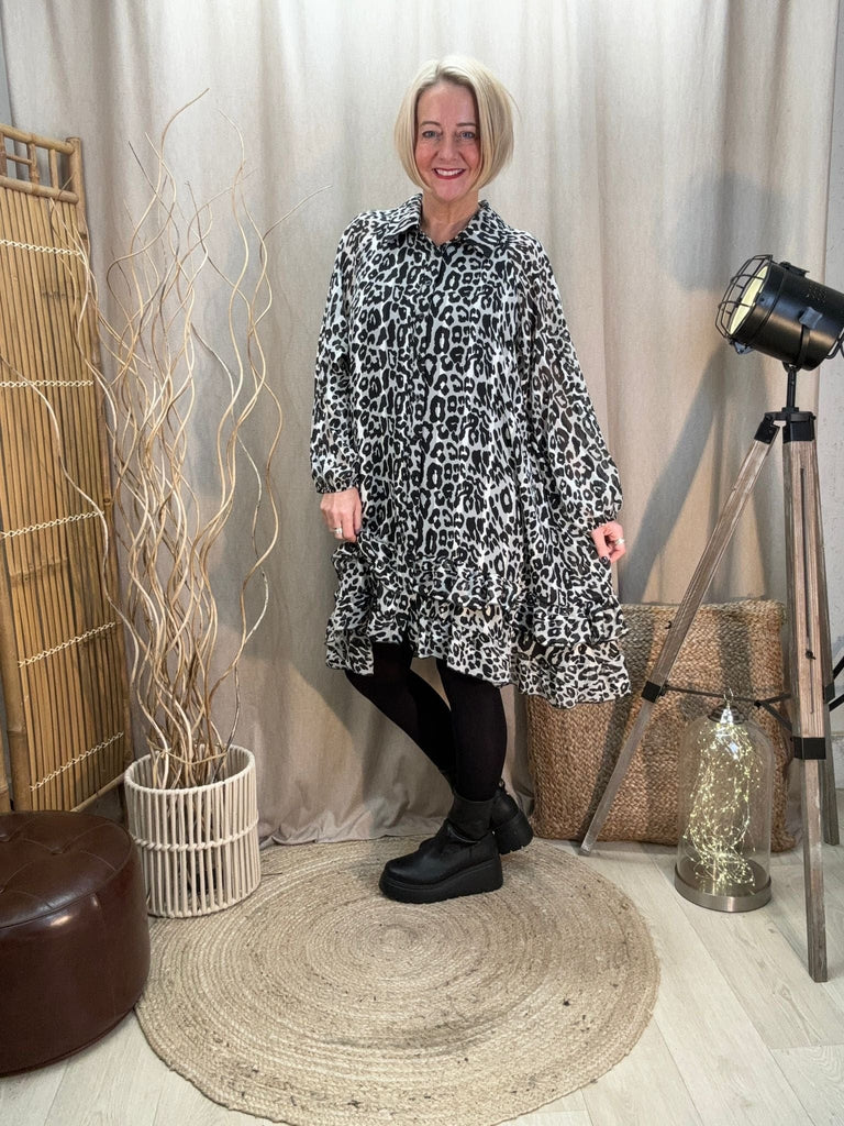 Dipped Leopard Frill Shirt Tunic Dress With Shimmer Thread Be You Lifestyle Boutique One Size