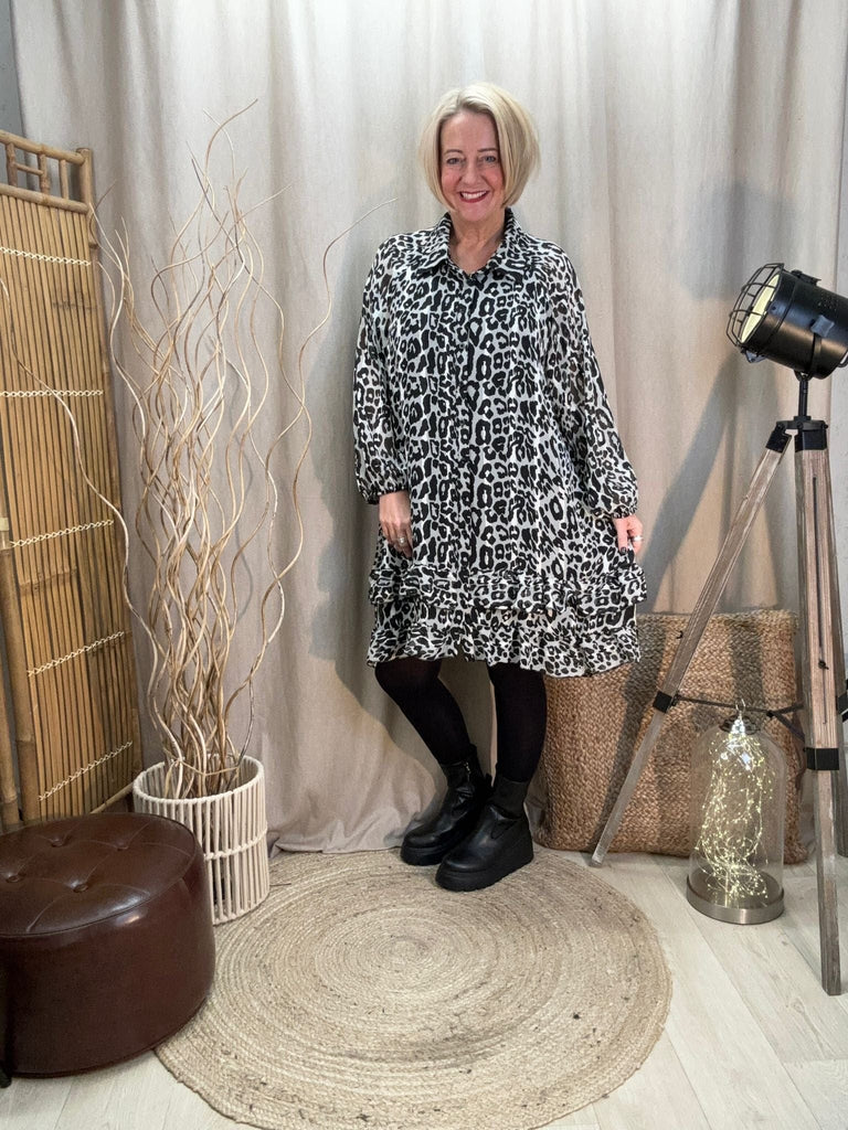 Dipped Leopard Frill Shirt Tunic Dress With Shimmer Thread Be You Lifestyle Boutique One Size