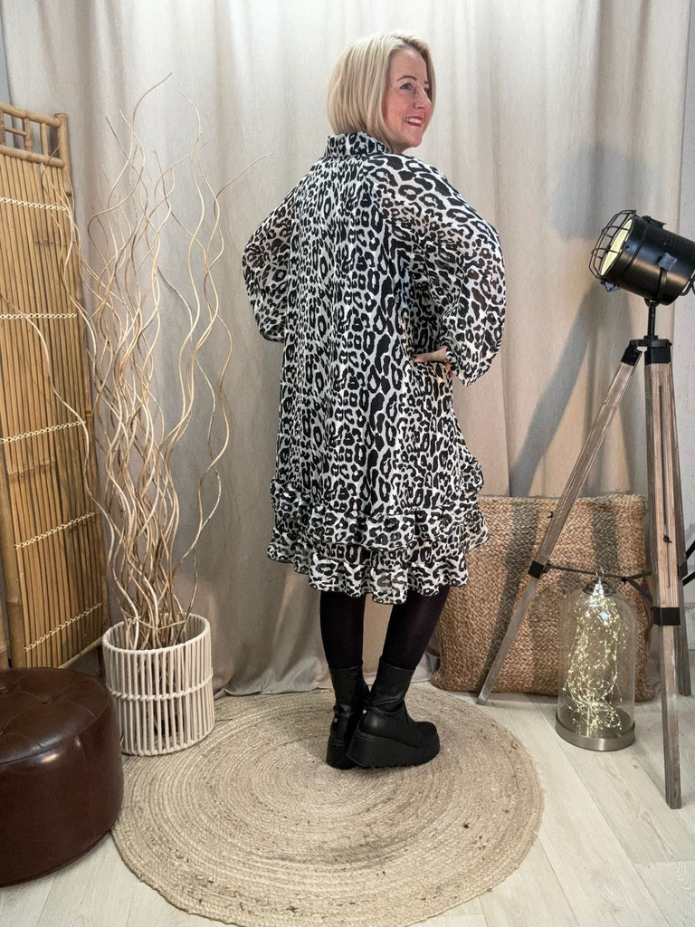 Dipped Leopard Frill Shirt Tunic Dress With Shimmer Thread Be You Lifestyle Boutique One Size