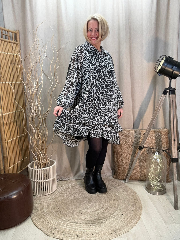 Dipped Leopard Frill Shirt Tunic Dress With Shimmer Thread Be You Lifestyle Boutique One Size