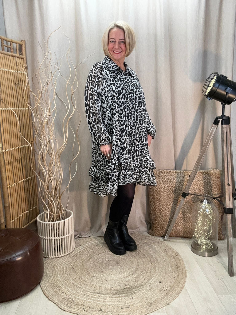 Dipped Leopard Frill Shirt Tunic Dress With Shimmer Thread Be You Lifestyle Boutique One Size