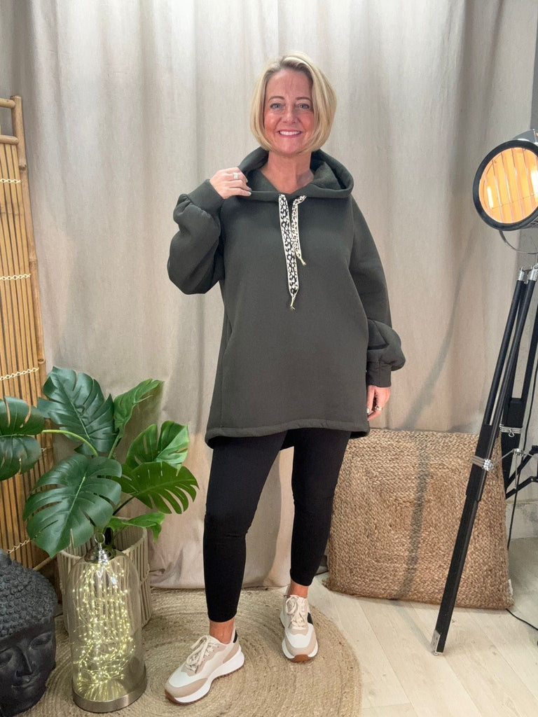 Dipped Leopard Lace Fleece Hoodie Comfy Casual Be You Lifestyle Boutique One Size / Dark Khaki