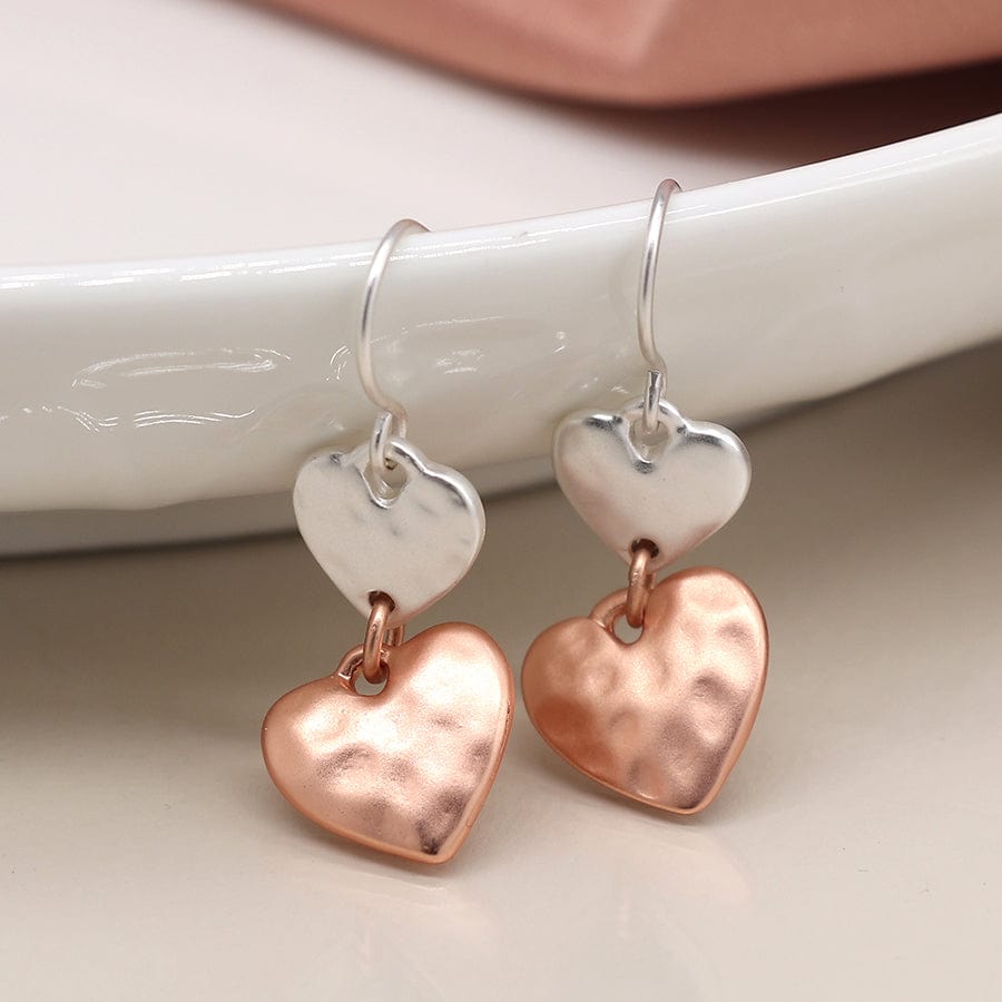 Double Drop Two Tone Heart Earrings By POM Rose Gold Silver Gift 02489 POM