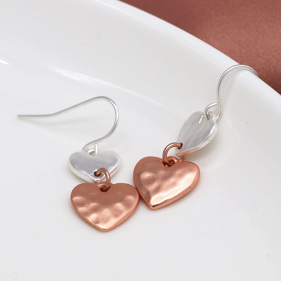 Double Drop Two Tone Heart Earrings By POM Rose Gold Silver Gift 02489 POM