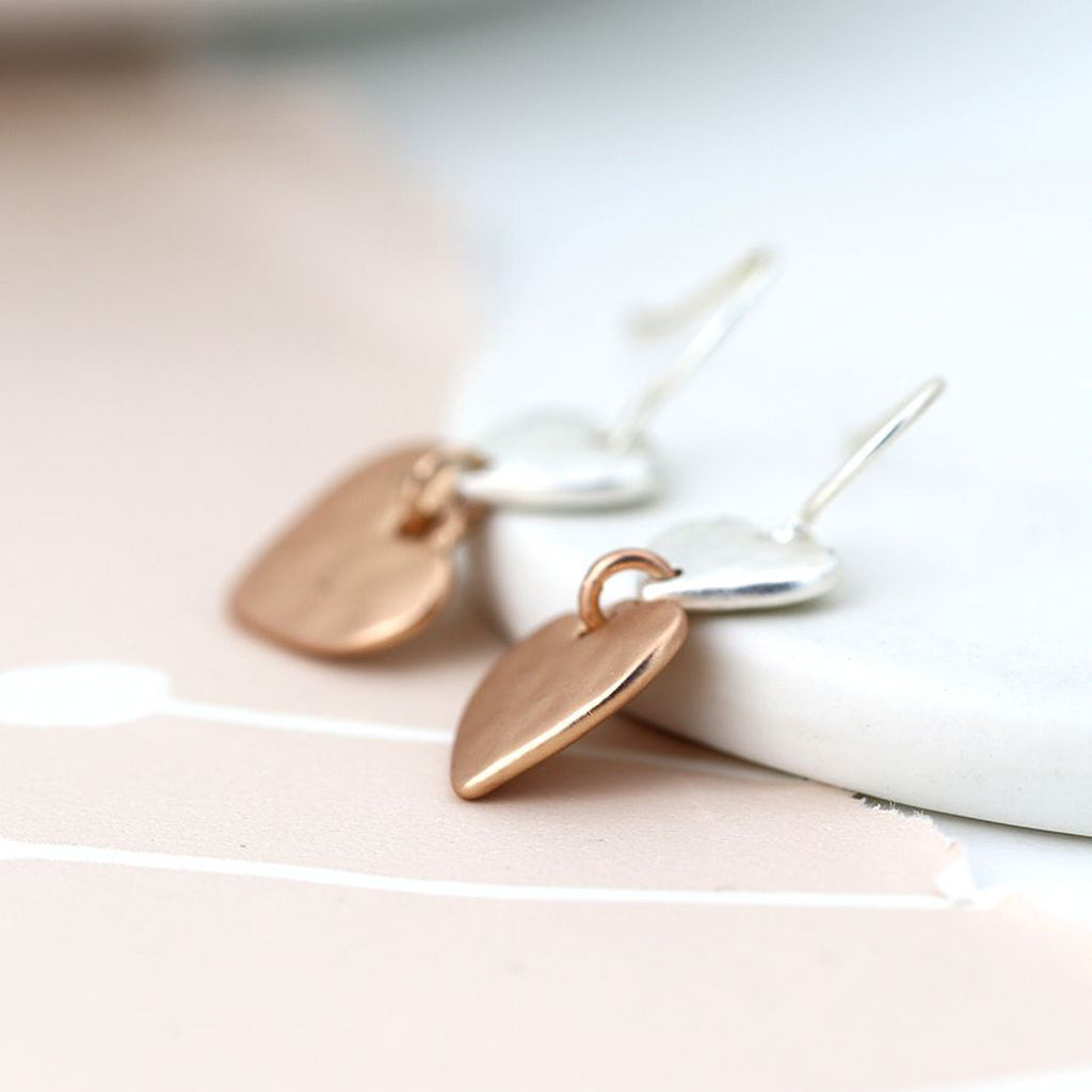 Women’s Double Drop Two Tone Heart Earrings By POM Rose Gold Silver Gift