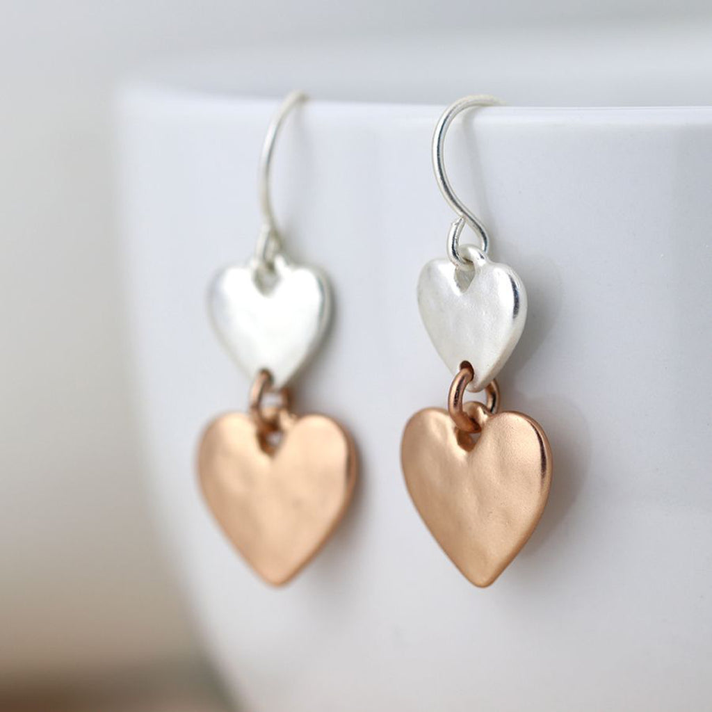Women’s Double Drop Two Tone Heart Earrings By POM Rose Gold Silver Gift