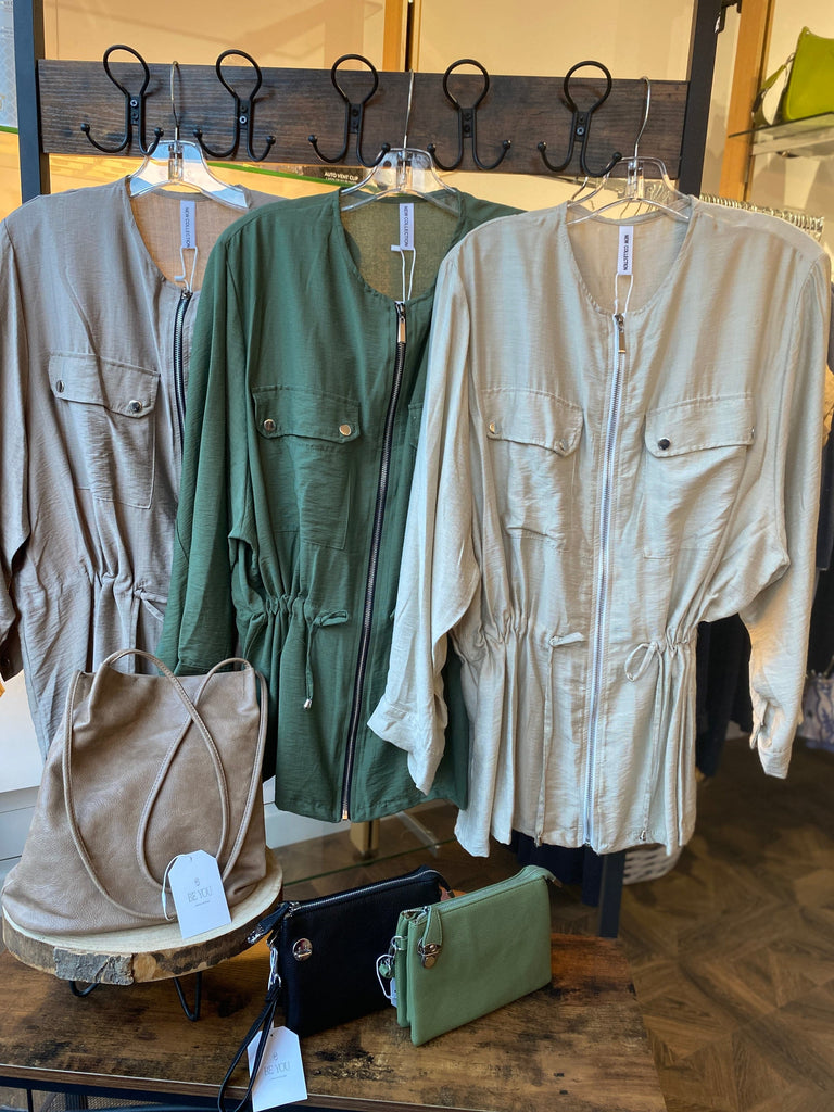 Drawstring Zipped Lightweight Jacket With Twin Pockets Be You Lifestyle Boutique One Size / Khaki