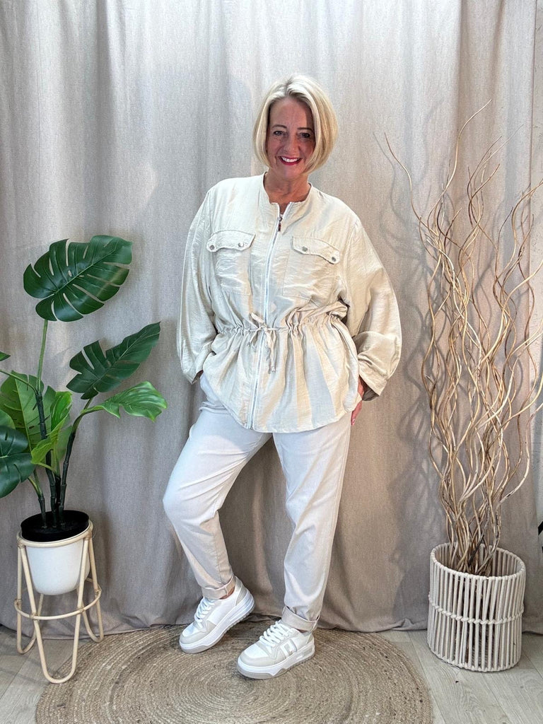 Drawstring Zipped Lightweight Jacket With Twin Pockets Be You Lifestyle Boutique One Size / Stone
