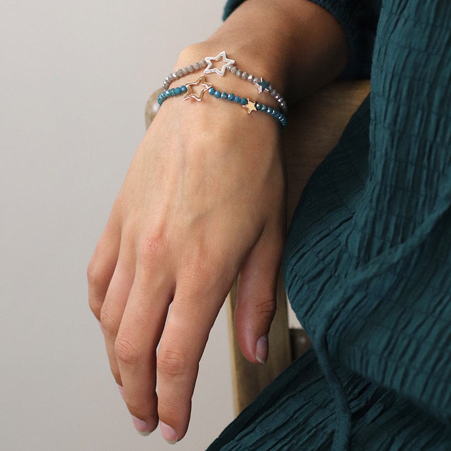 DUSKY BLUE BEADED STRETCH BRACELET WITH FAUX GOLD SOLID & OPEN STARS Bracelet By POM Gift 04213 POM