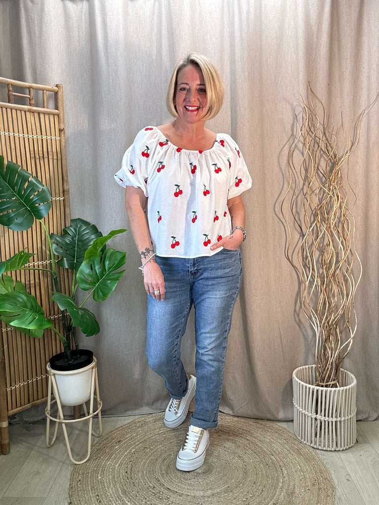 Embroidered Cherry Bardot Top With Puff Sleeves Be You Lifestyle Boutique